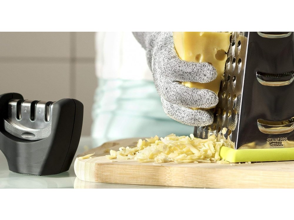 AJ 4-in-1 Kitchen Knife Accessories, Hand Knife Sharpener with 3 Levels, Anti-Cut Glove Set