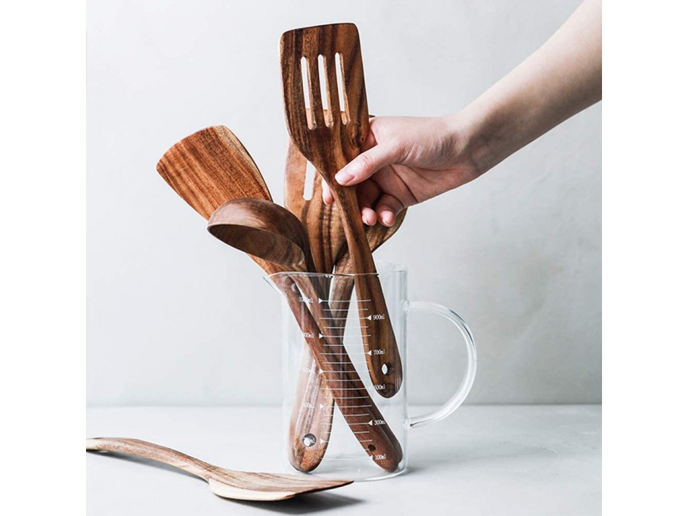 AJ 5-Pack Luxury Wooden Kitchen Eshers, Acacia Kitchen Utensils Set, 5pc Set, Natural Brown