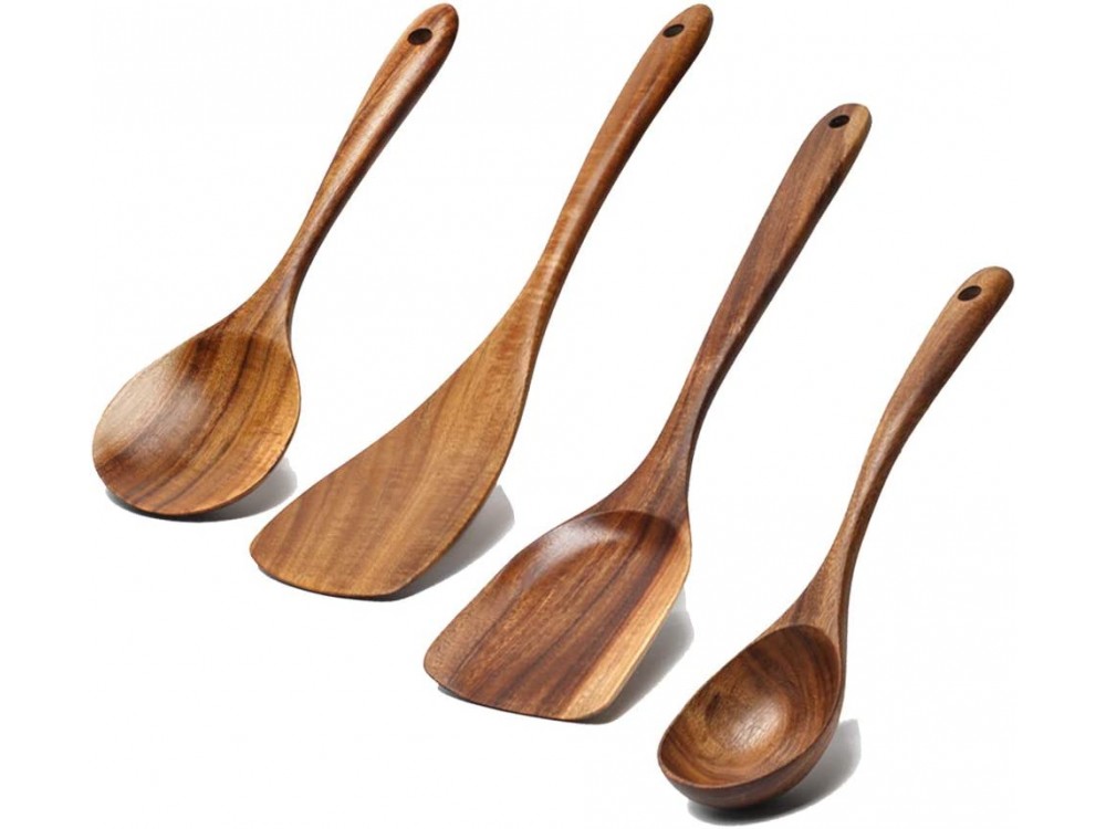 AJ 5-Pack Luxury Wooden Kitchen Eshers, Acacia Kitchen Utensils Set, 5pc Set, Natural Brown