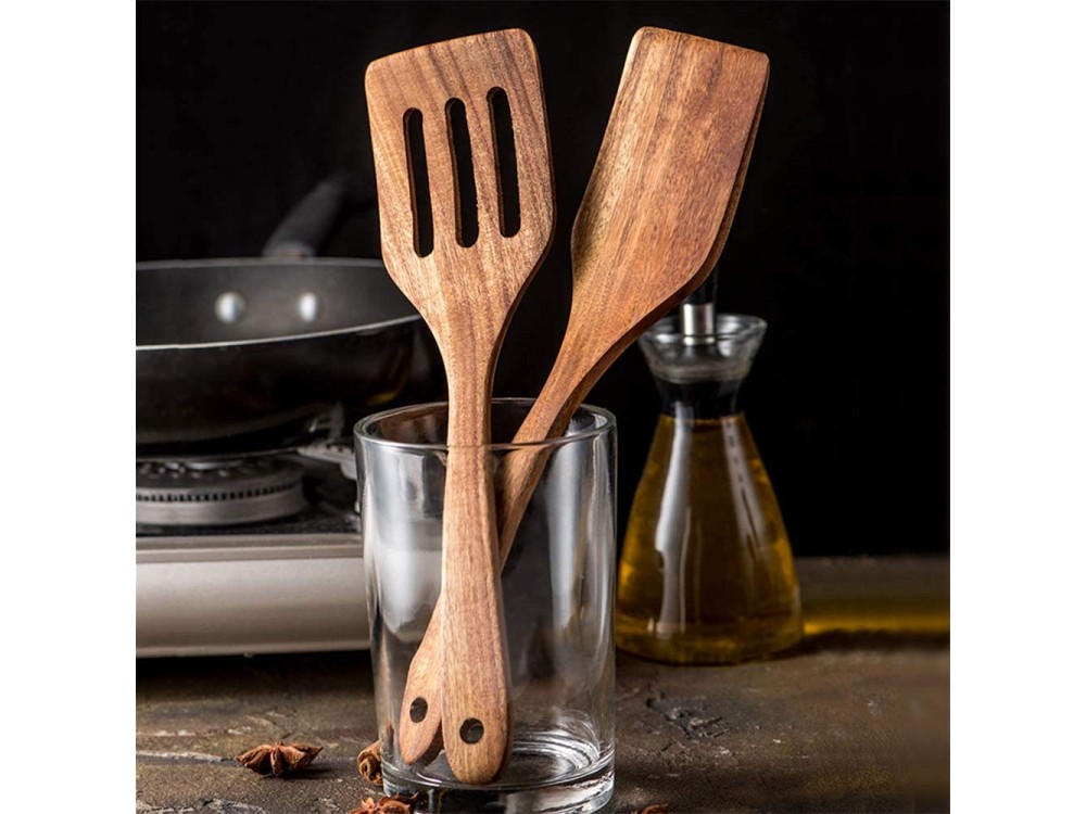 AJ 5-Pack Luxury Wooden Kitchen Eshers, Acacia Kitchen Utensils Set, 5pc Set, Natural Brown