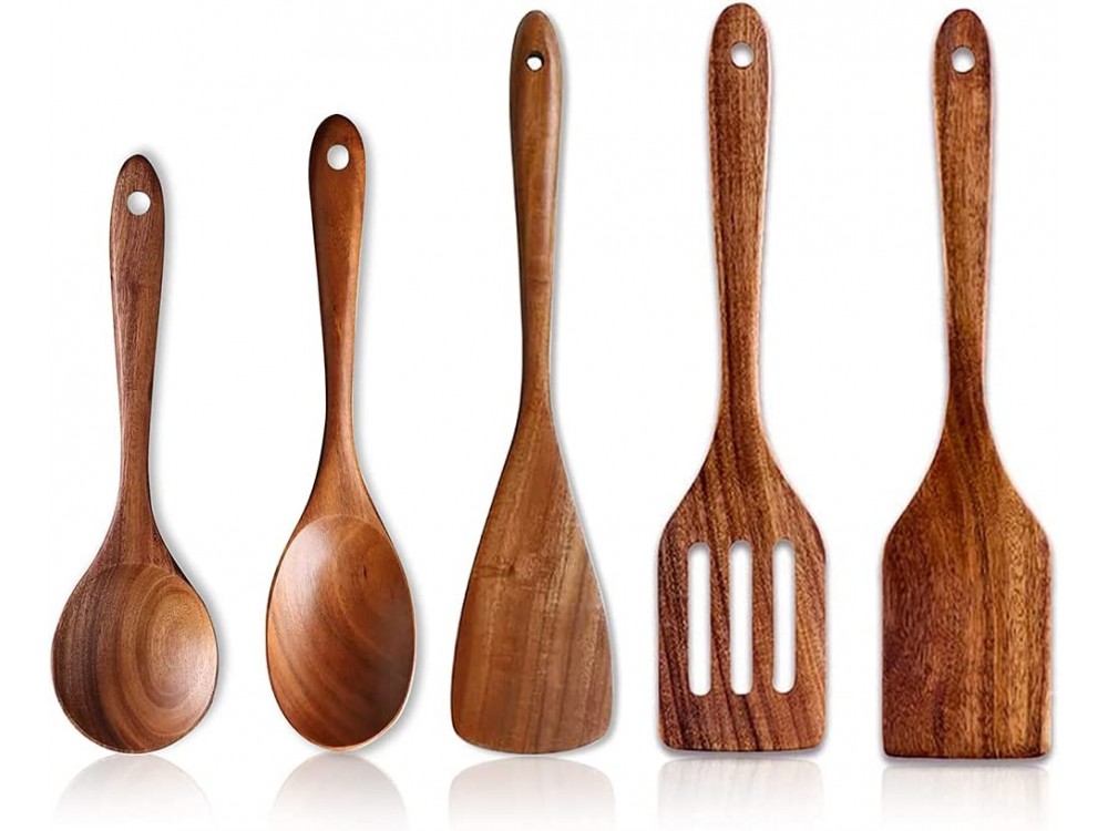 AJ 5-Pack Luxury Wooden Kitchen Eshers, Acacia Kitchen Utensils Set, 5pc Set, Natural Brown