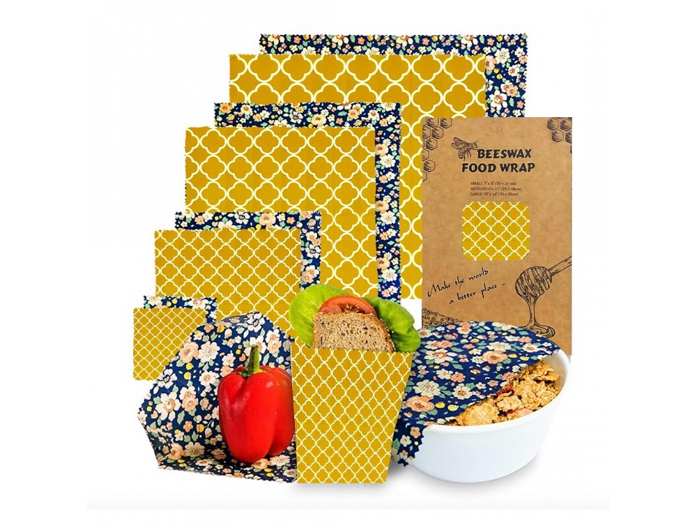 AJ 6-Pack Beeswax Food Wrap Organic, Food Wraps Set of 6 pcs in 3 Sizes (S+M+L), Honeycomb