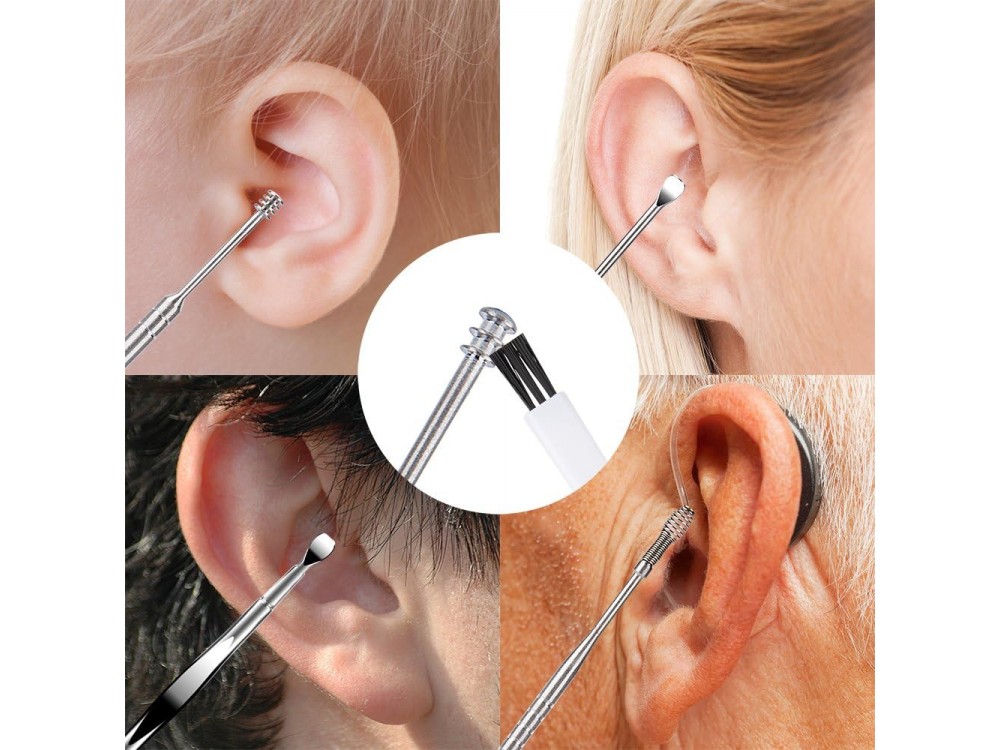 AJ 7 pcs Earwax Removal Kit, Σετ 7 Εργαλείων Καθαρισμού Αυτιών, με Θήκη, Silver