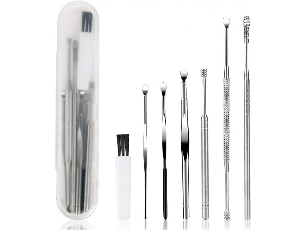 AJ 7 pcs Earwax Removal Kit, Set of 7 Ear Cleaning Tools, with Case, Silver