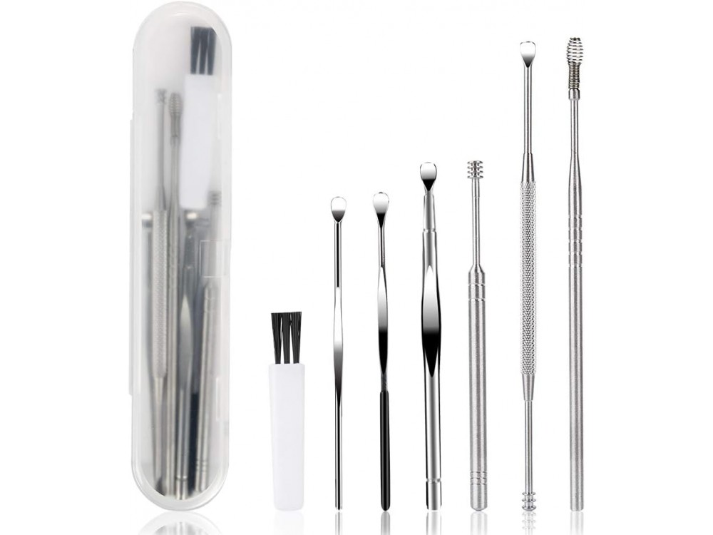 AJ 7 pcs Earwax Removal Kit, Σετ 7 Εργαλείων Καθαρισμού Αυτιών, με Θήκη, Silver