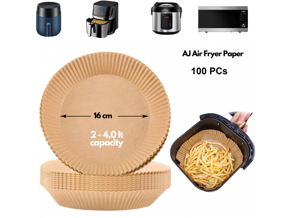 AJ Air Fryer Disposable Paper Liner Round, Αντικολλητικά χαρτιά ψησίματος για Air Fryer 16cm Στρογγυλά, Σετ των 100τμχ