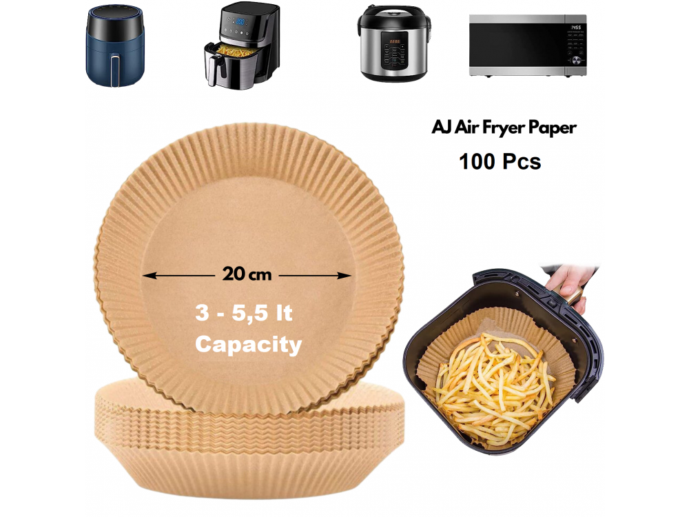 AJ Air Fryer Disposable Paper Liner Round, Αντικολλητικά χαρτιά ψησίματος για Air Fryer 20cm Στρογγυλά, Σετ των 100τμχ