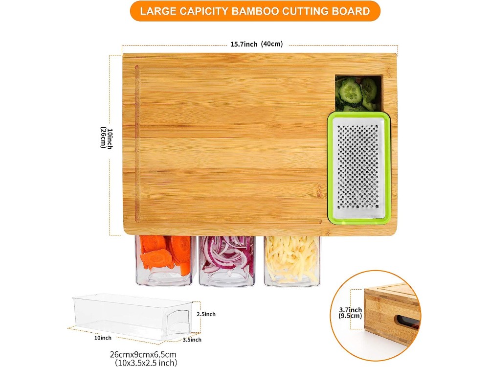 AJ Bamboo Cutting Board with Containers, Lids, and Graters, Επιφάνεια κοπής από Μπαμπού με 4 Τρίφτες, 40 x 26 x 10cm
