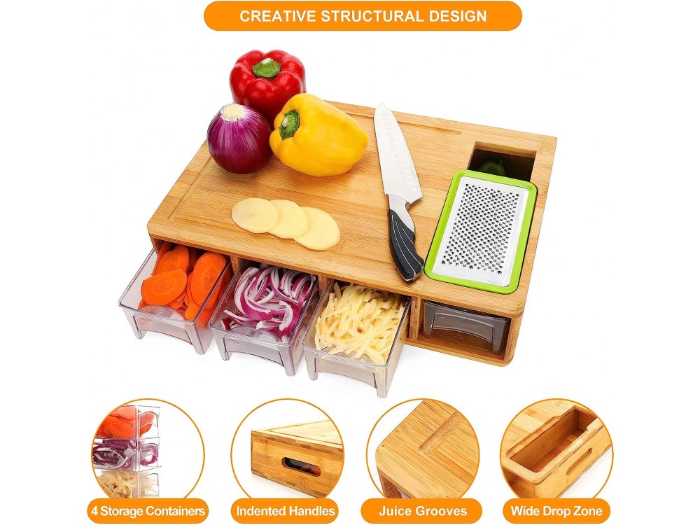 AJ Bamboo Cutting Board with Containers, Lids, and Graters, Επιφάνεια κοπής από Μπαμπού με 4 Τρίφτες, 40 x 26 x 10cm