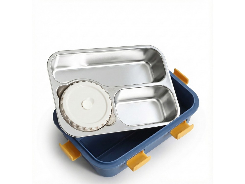 AJ Bento Japanese Style Lunch Box, Stainless Steel Lunch Box with Soup Bowl, Ανοξείδωτο Δοχείο Φαγητού, 22x16x6, 750ml, Blue