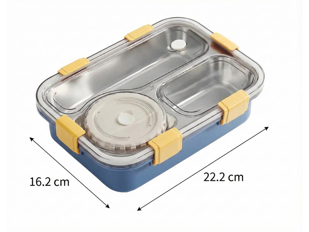 AJ Bento Japanese Style Lunch Box, Stainless Steel Lunch Box with Soup Bowl, Ανοξείδωτο Δοχείο Φαγητού, 22x16x6, 750ml, Blue