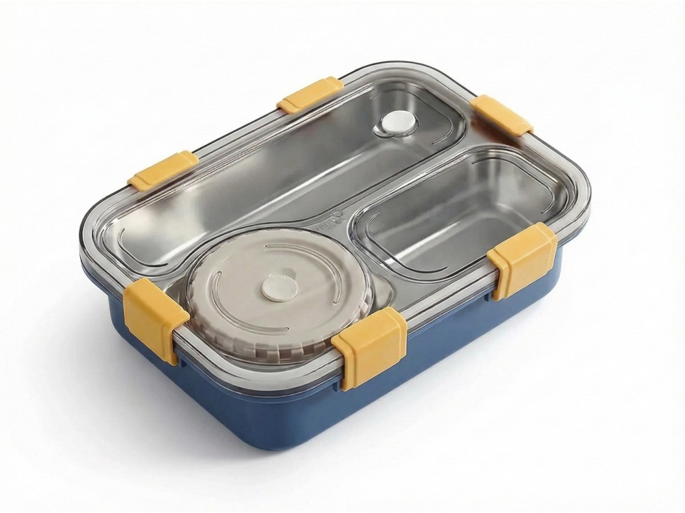 AJ Bento Japanese Style Lunch Box, Stainless Steel Lunch Box with Soup Bowl, Ανοξείδωτο Δοχείο Φαγητού, 22x16x6, 750ml, Blue