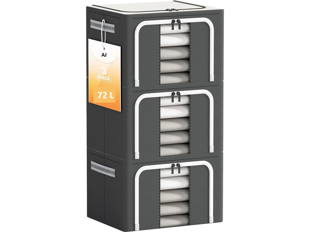 AJ Clothes Storage Organizer Bags 72L, Κουτιά Αποθήκευσης Ρούχων με 2 Ανοίγματα και Παράθυρο, Σετ των 3τμχ, 50 x 40 x 36cm, Grey