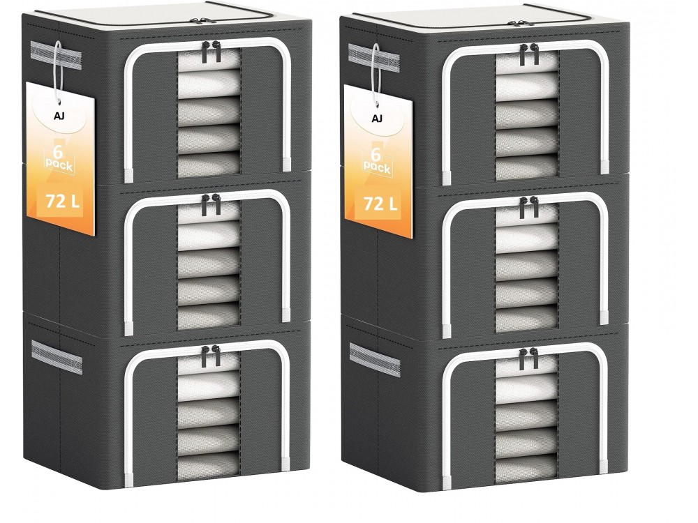 AJ Clothes Storage Organizer Bags 72L, Clothes Storage Boxes with 2 Openings and Window, Set of 6pcs, 50 x 40 x 36cm, Gray