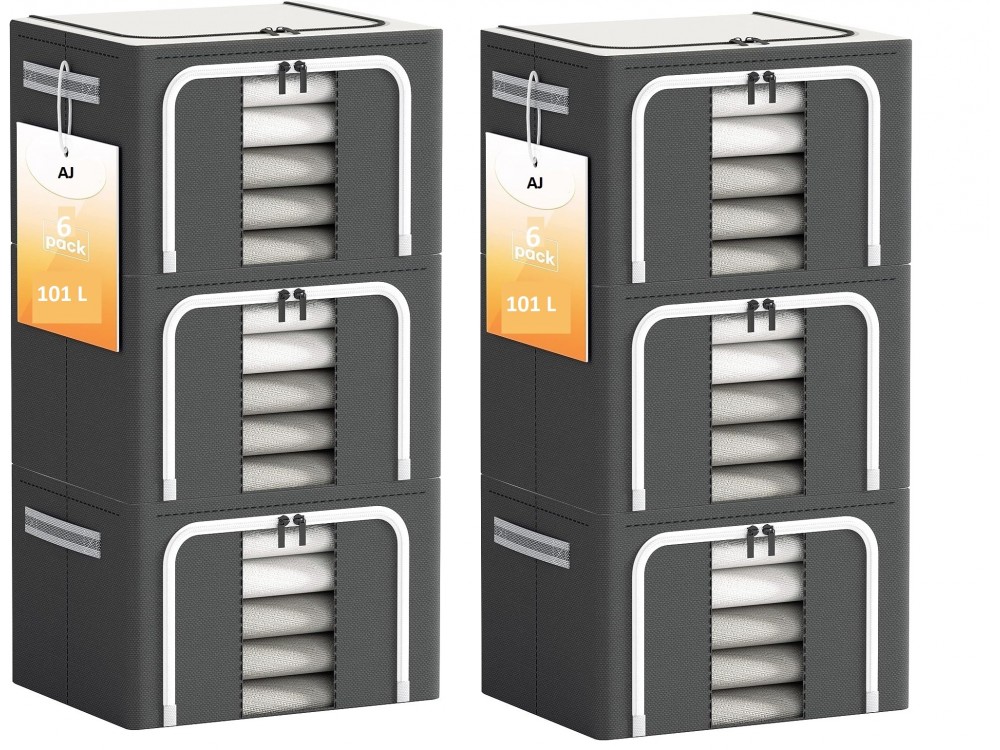 AJ Clothes Storage Organizer Bags 101L, Clothes Storage Boxes with 2 Openings & Window, Set of 6pcs, 60 x 42 x 40cm, Gray