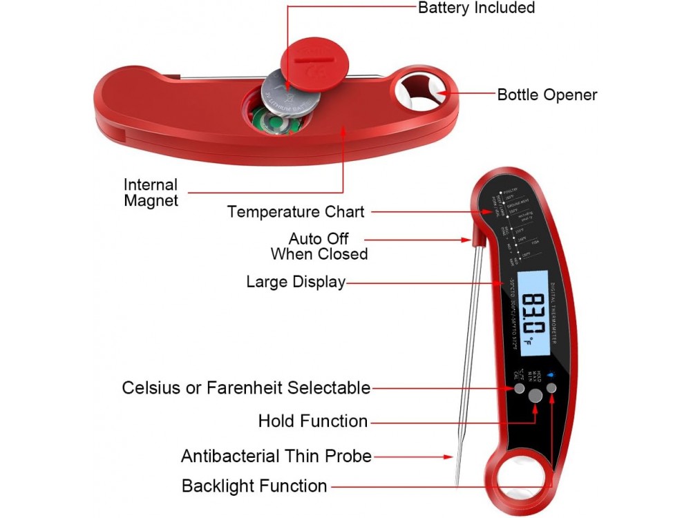 AJ Digital Meat Thermometer, Digital Cooking Thermometer with Spike and Illuminated Display