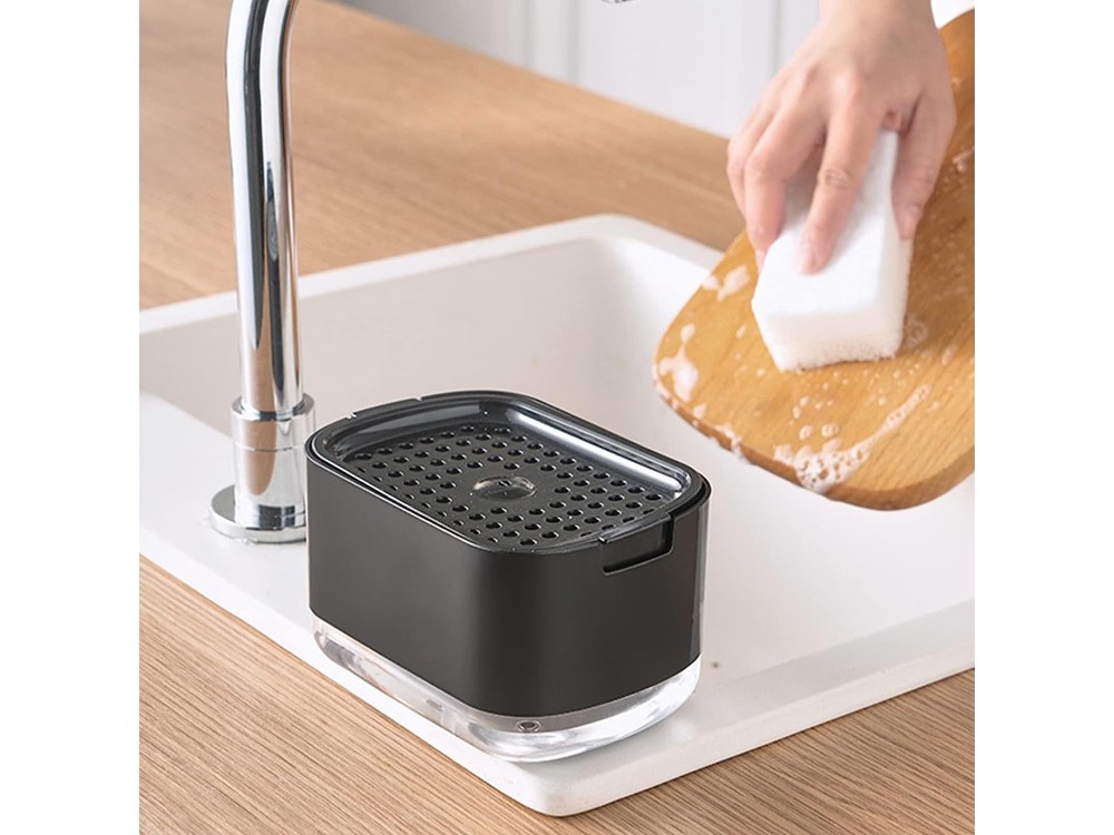 AJ Dish Soap Dispenser, 300ml Kitchen Tabletop Dispenser with Sponge Holder, Black