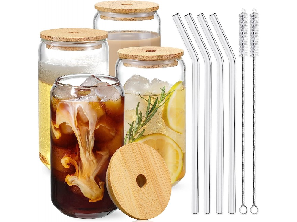 AJ Drinking Glasses with Bamboo Lids and Glass Straw, Γυάλινα Ποτήρια με Καπάκι από Μπαμπού & Καλαμάκια, Σετ των 4τμχ