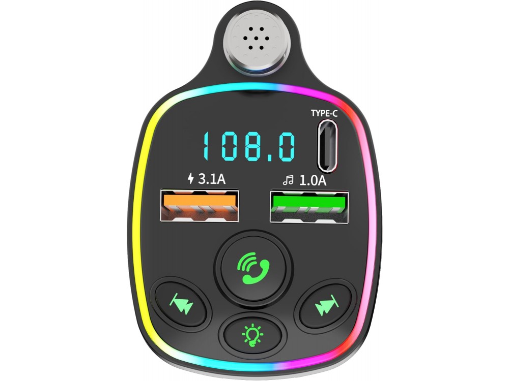 AJ FM Transmitter Bluetooth Handsfree Αυτοκινήτου & Φορτιστής PD 20W με Οθόνη LED & RGB LED Φωτισμό & 2 USB