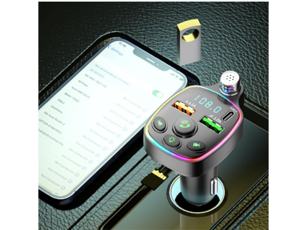 AJ FM Transmitter Bluetooth Handsfree Αυτοκινήτου & Φορτιστής PD 20W με Οθόνη LED & RGB LED Φωτισμό & 2 USB