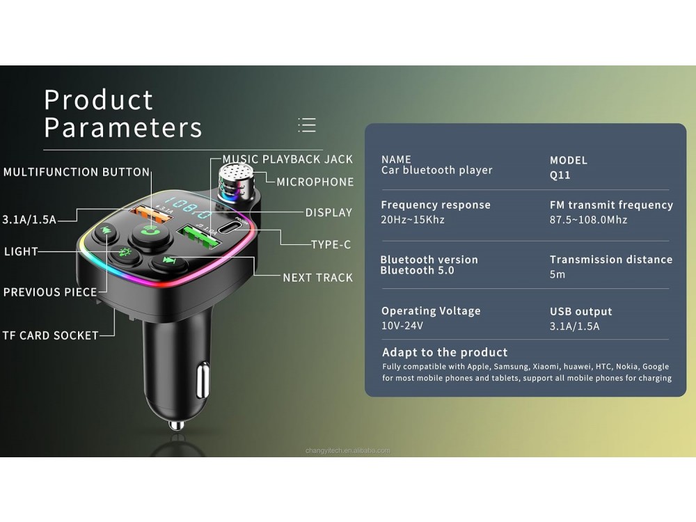 AJ FM Transmitter Bluetooth Handsfree Αυτοκινήτου & Φορτιστής PD 20W με Οθόνη LED & RGB LED Φωτισμό & 2 USB