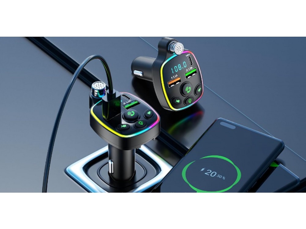 AJ FM Transmitter Bluetooth Handsfree Αυτοκινήτου & Φορτιστής PD 20W με Οθόνη LED & RGB LED Φωτισμό & 2 USB