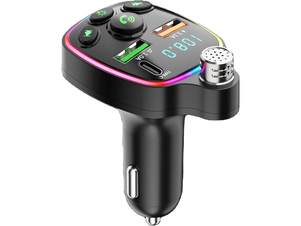 AJ FM Transmitter Bluetooth Handsfree Αυτοκινήτου & Φορτιστής PD 20W με Οθόνη LED & RGB LED Φωτισμό & 2 USB