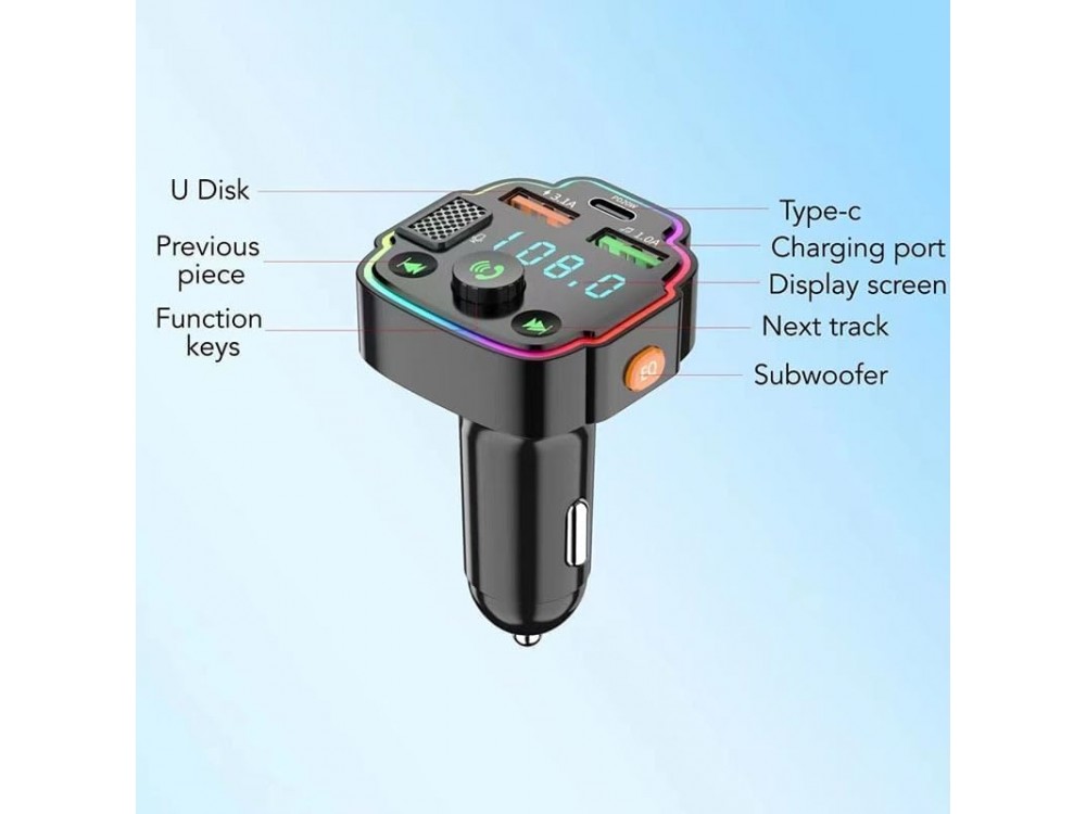 AJ FM Transmitter Bluetooth Handsfree Αυτοκινήτου & Φορτιστής PD 20W με Οθόνη LED & RGB LED Φωτισμό & 2 USB
