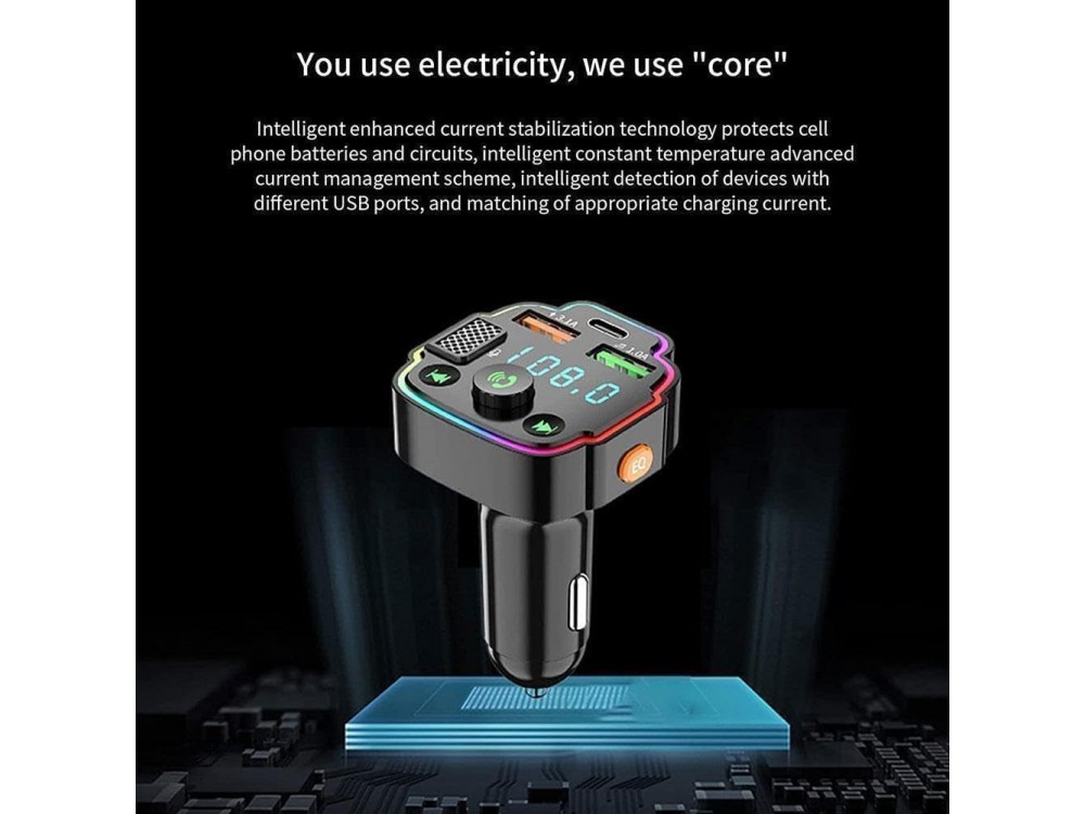 AJ FM Transmitter Bluetooth Handsfree Αυτοκινήτου & Φορτιστής PD 20W με Οθόνη LED & RGB LED Φωτισμό & 2 USB