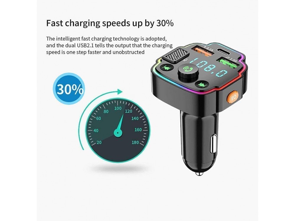 AJ FM Transmitter Bluetooth Handsfree Αυτοκινήτου & Φορτιστής PD 20W με Οθόνη LED & RGB LED Φωτισμό & 2 USB