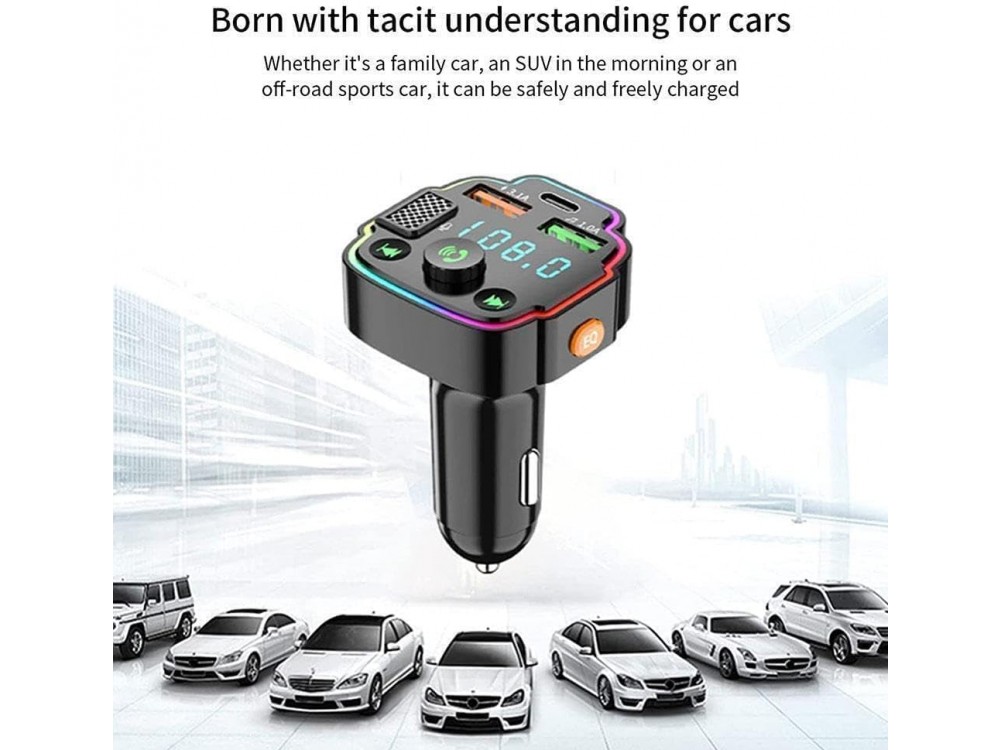 AJ FM Transmitter Bluetooth Handsfree Αυτοκινήτου & Φορτιστής PD 20W με Οθόνη LED & RGB LED Φωτισμό & 2 USB