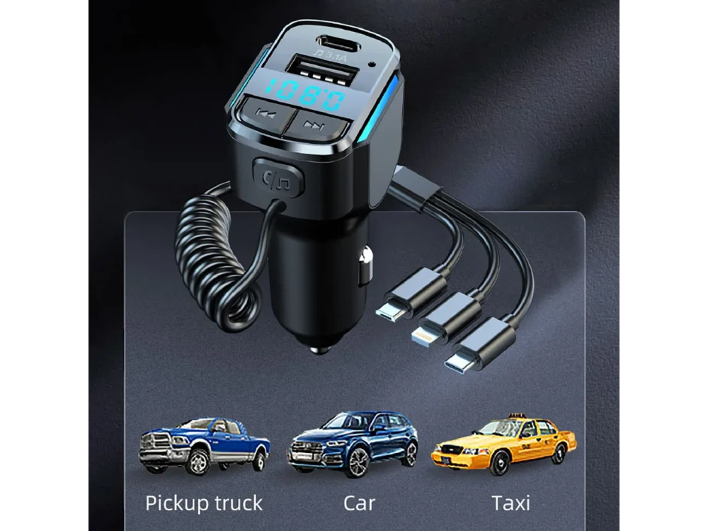 AJ FM Transmitter Bluetooth Handsfree Αυτοκινήτου & Φορτιστής QC3.0 μεΕνσωματωμένο Καλώδιο 3-in-1, Οθόνη LED & USB