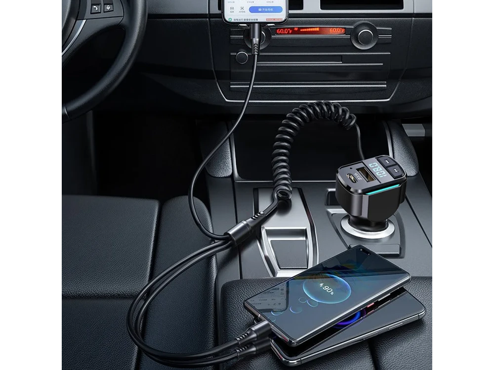 AJ FM Transmitter Bluetooth Handsfree Αυτοκινήτου & Φορτιστής QC3.0 μεΕνσωματωμένο Καλώδιο 3-in-1, Οθόνη LED & USB