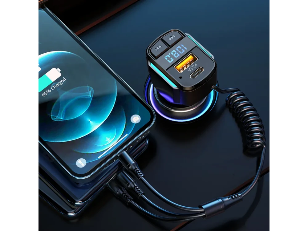 AJ FM Transmitter Bluetooth Handsfree Αυτοκινήτου & Φορτιστής QC3.0 μεΕνσωματωμένο Καλώδιο 3-in-1, Οθόνη LED & USB