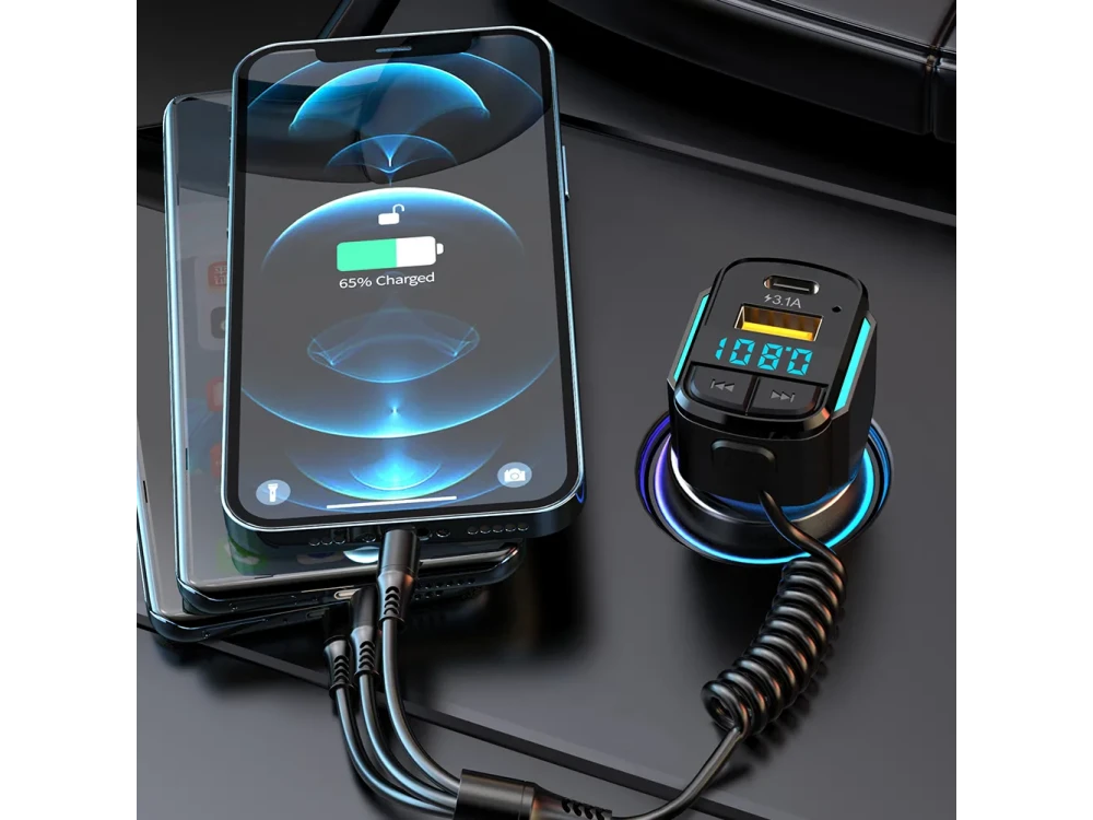 AJ FM Transmitter Bluetooth Handsfree Αυτοκινήτου & Φορτιστής QC3.0 μεΕνσωματωμένο Καλώδιο 3-in-1, Οθόνη LED & USB