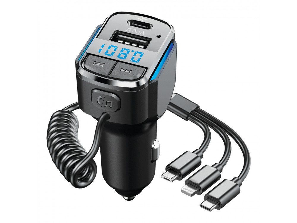 AJ FM Transmitter Bluetooth Handsfree Αυτοκινήτου & Φορτιστής QC3.0 μεΕνσωματωμένο Καλώδιο 3-in-1, Οθόνη LED & USB