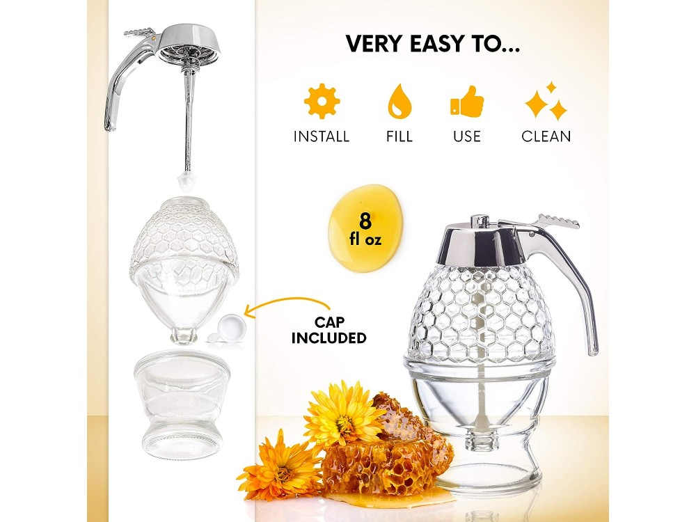 AJ Honey Dispenser with No Drip Glass, Honey dispenser/ Syrup, with Stand