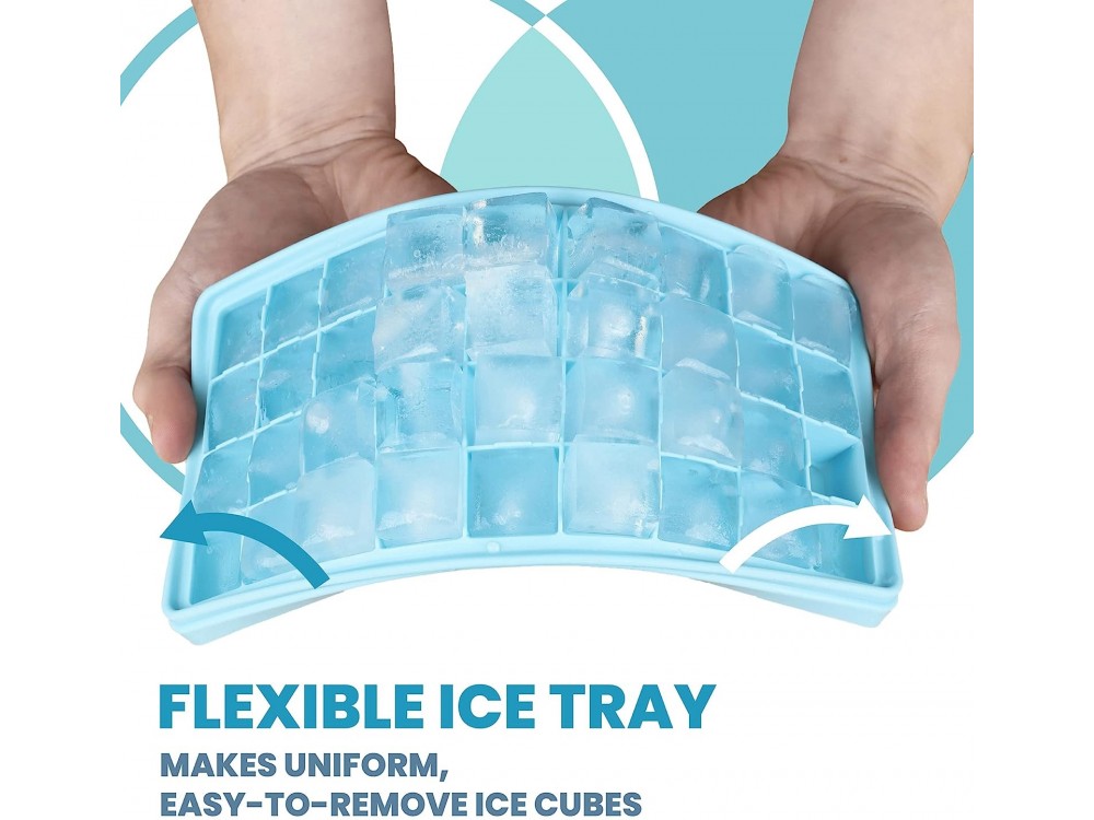 AJ Ice Cube Tray With Lid & Bin, Silicone Ice Tray, 55 Cubes, with Lid and Scoop, Ice Blue