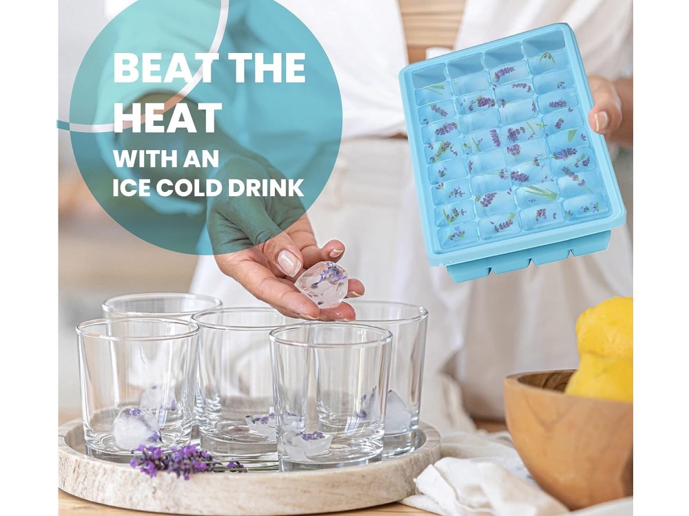 AJ Ice Cube Tray With Lid & Bin, Silicone Ice Tray, 55 Cubes, with Lid and Scoop, Ice Blue