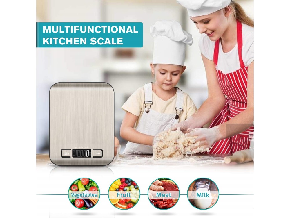AJ Inox Food Scale, Ψηφιακή Ζυγαριά Κουζίνας 5kg Ακριβείας 1gr με Επιφάνεια Ζύγισης από Ανοξείδωτο Ατσάλι, Silver