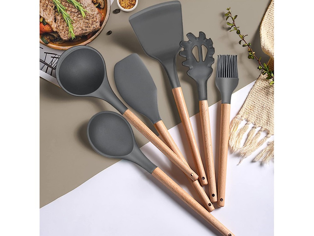 AJ Kitchen Utensil Set, 14pcs Silicone Cooking Utensil Set, Non-Stick with Stainless Handle, Gray