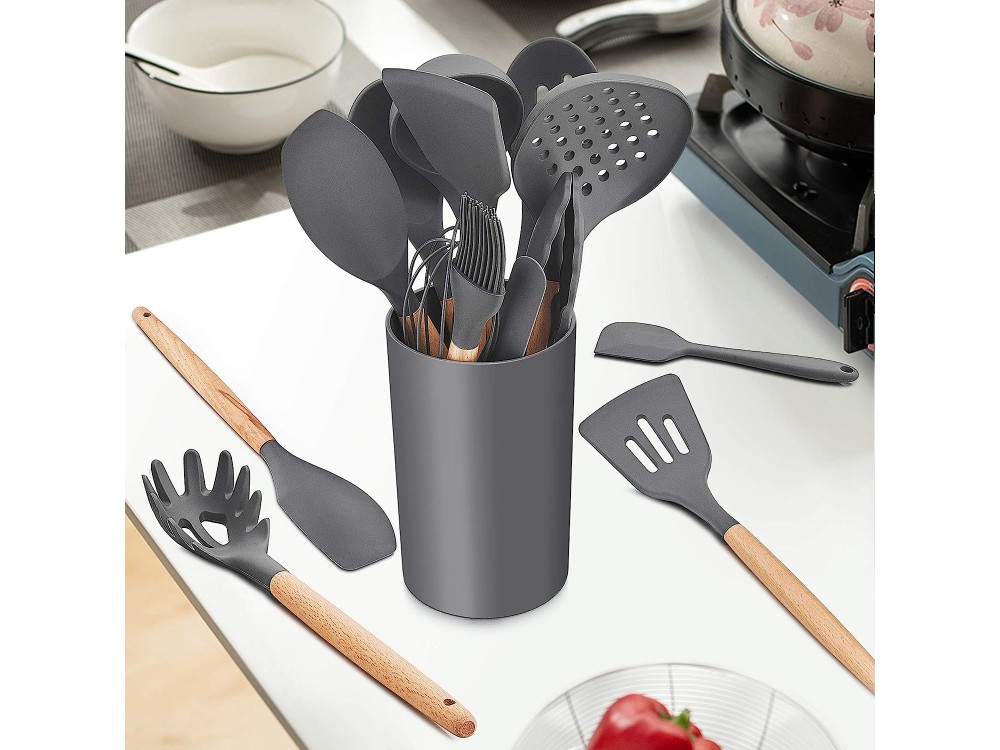 AJ Kitchen Utensil Set, 14pcs Silicone Cooking Utensil Set, Non-Stick with Stainless Handle, Gray