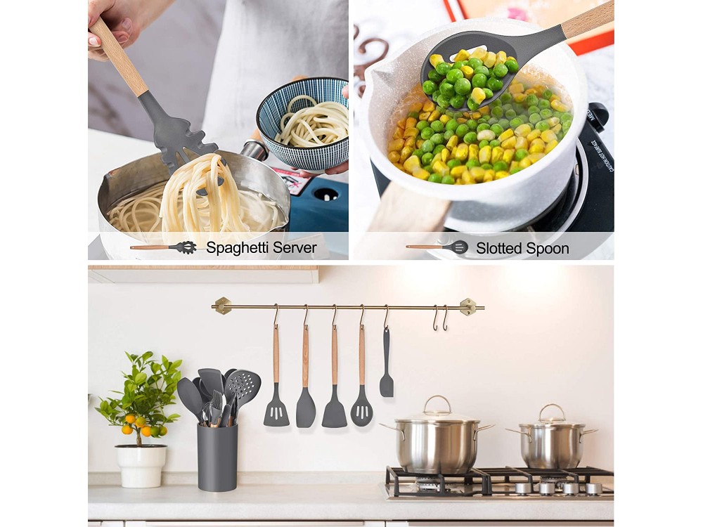 AJ Kitchen Utensil Set, Σετ Εργαλείων Μαγειρικής 14τμχ από Σιλικόνη, Αντικολλητικά με Ανοξείδωτη Λαβή, Grey