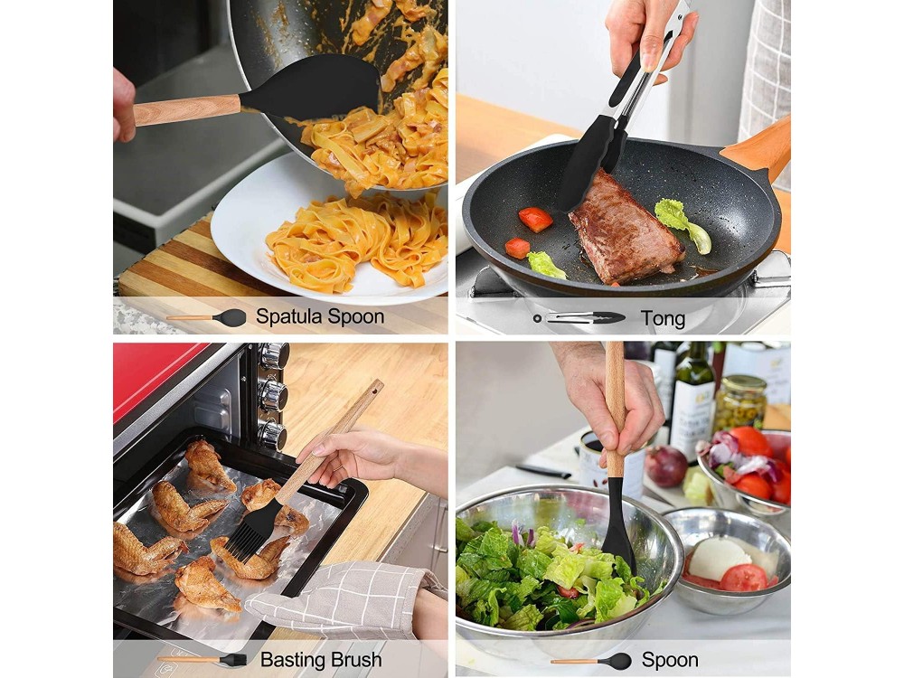 AJ Kitchen Utensil Set, 14pcs Silicone Cooking Utensil Set, Non-Stick with Stainless Steel Handle, Black