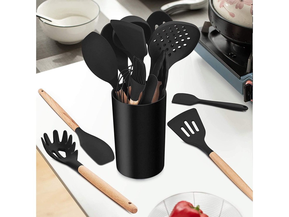 AJ Kitchen Utensil Set, 14pcs Silicone Cooking Utensil Set, Non-Stick with Stainless Steel Handle, Black