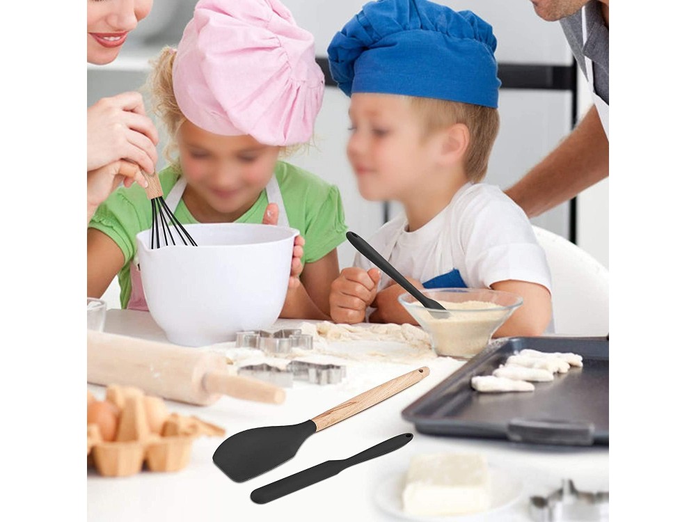 AJ Kitchen Utensil Set, 14pcs Silicone Cooking Utensil Set, Non-Stick with Stainless Steel Handle, Black