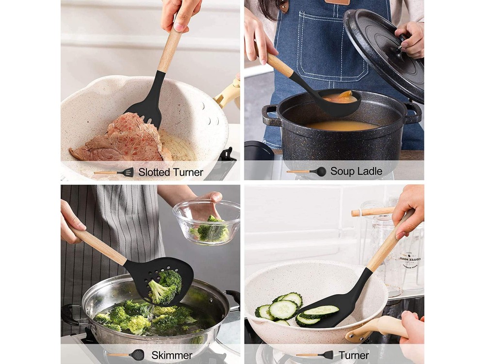 AJ Kitchen Utensil Set, 14pcs Silicone Cooking Utensil Set, Non-Stick with Stainless Steel Handle, Black