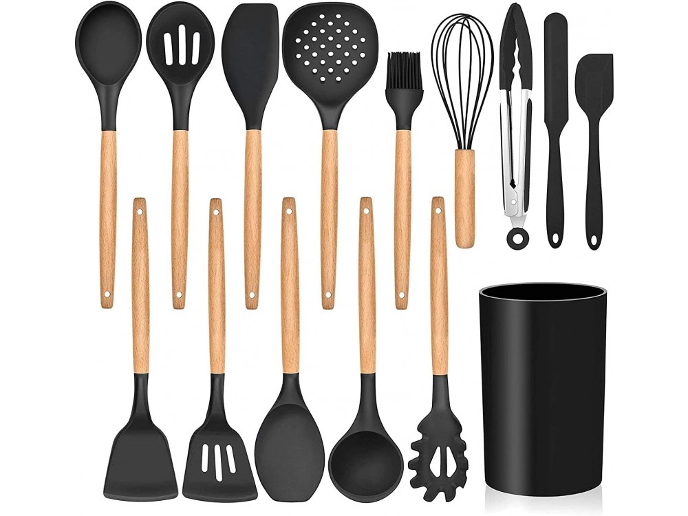 AJ Kitchen Utensil Set, 14pcs Silicone Cooking Utensil Set, Non-Stick with Stainless Steel Handle, Black