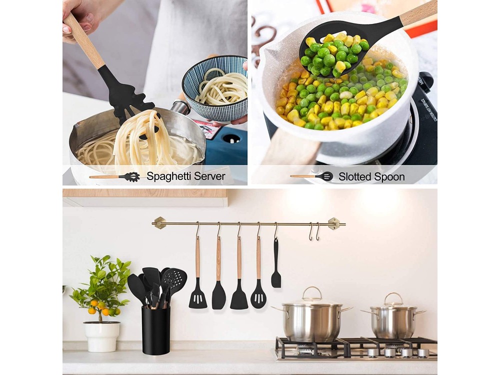 AJ Kitchen Utensil Set, 14pcs Silicone Cooking Utensil Set, Non-Stick with Stainless Steel Handle, Black