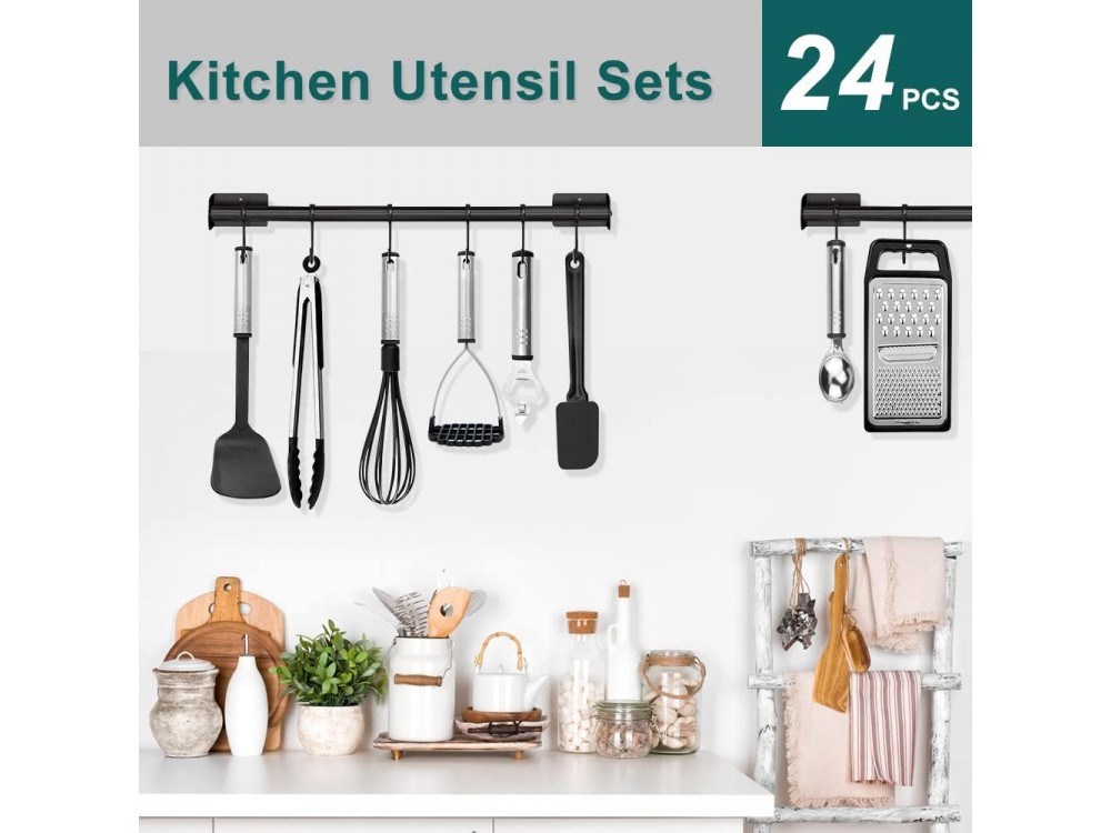 AJ Kitchen Utensil Set, Σετ Εργαλείων Μαγειρικής 24τμχ, Αντικολλητικά με Ανοξείδωτη Λαβή, Black